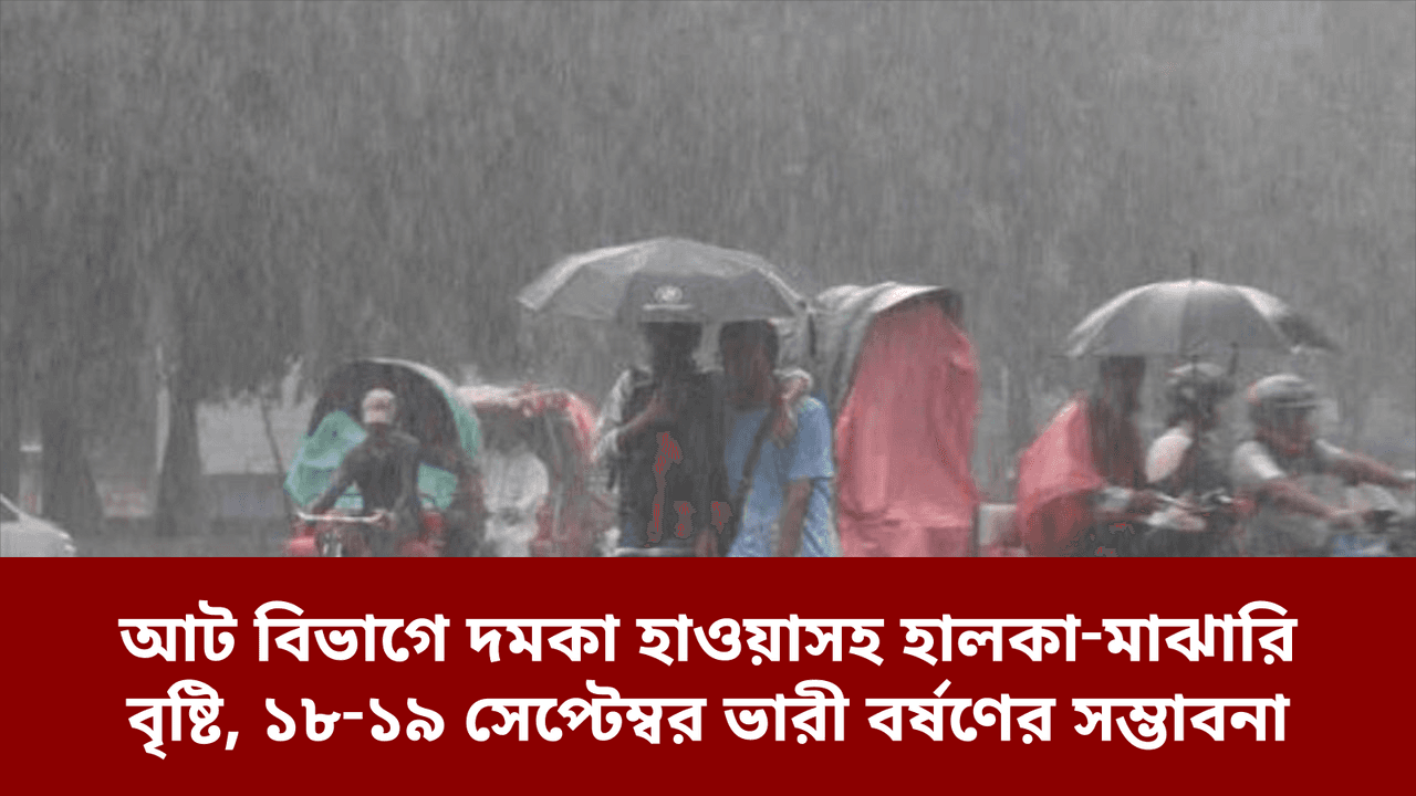 আট বিভাগে দমকা হাওয়াসহ হালকা‑মাঝারি বৃষ্টি, ১৮‑১৯ সেপ্টেম্বর ভারী বর্ষণের সম্ভাবনা