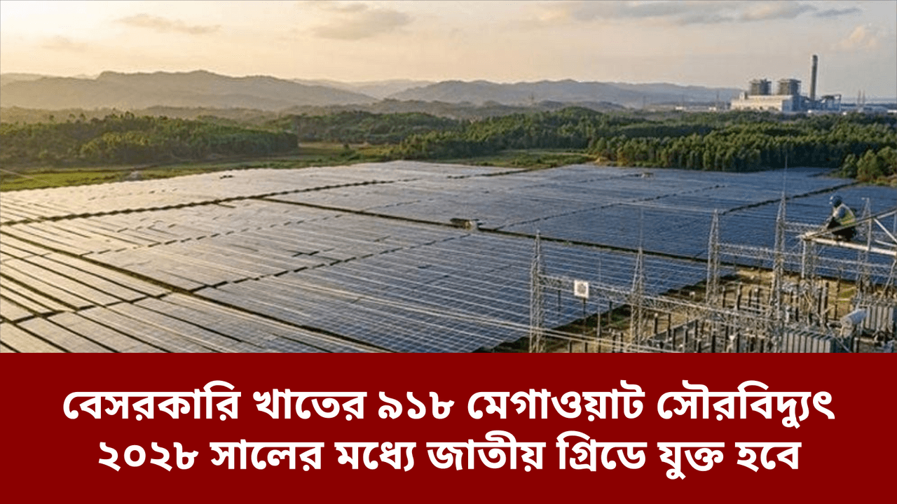 বেসরকারি খাতের ৯১৮ মেগাওয়াট সৌরবিদ্যুৎ ২০২৮ সালের মধ্যে জাতীয় গ্রিডে যুক্ত হবে