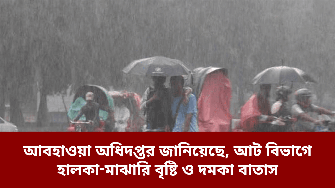 আবহাওয়া অধিদপ্তর জানিয়েছে, আট বিভাগে হালকা‑মাঝারি বৃষ্টি ও দমকা বাতাস